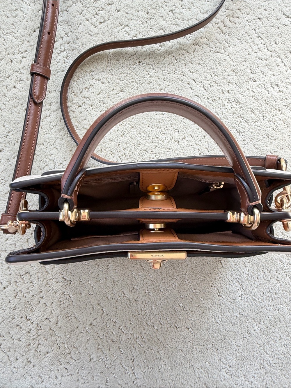 Coach Cream Leather Satchel with Brown Strap and Gold Hardware - Picture 6 of 11